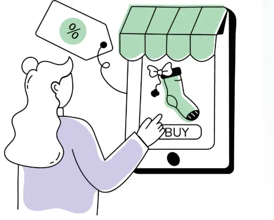 Woman tapping BUY on a phone storefront showing a sock and a discount tag