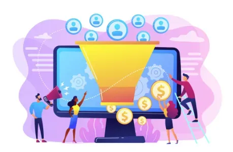 Funnel on a computer monitor converting user profile icons into gold coins as people gather around