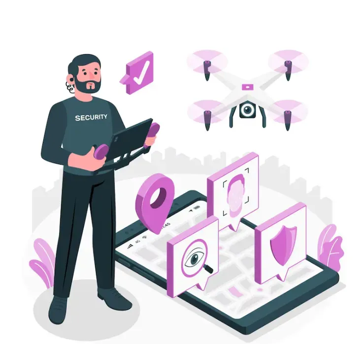 Security guard with a tablet beside a camera drone and phone showing facial recognition and tracking