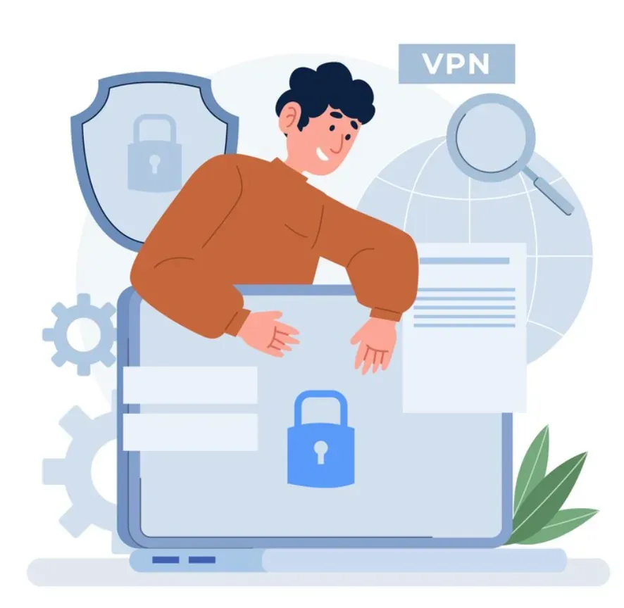 Man leaning on a locked laptop labeled VPN with a shield and globe protecting his privacy