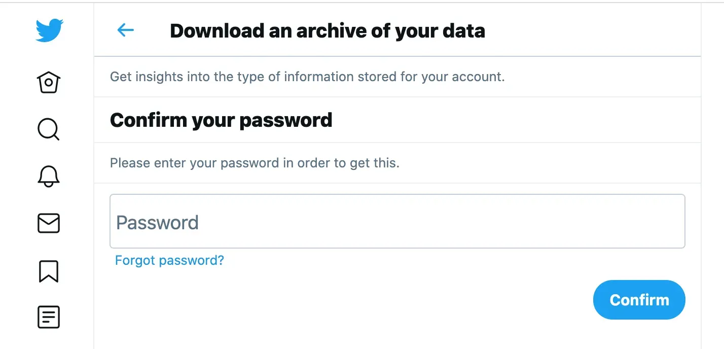 Twitter download archive page prompting you to confirm your password