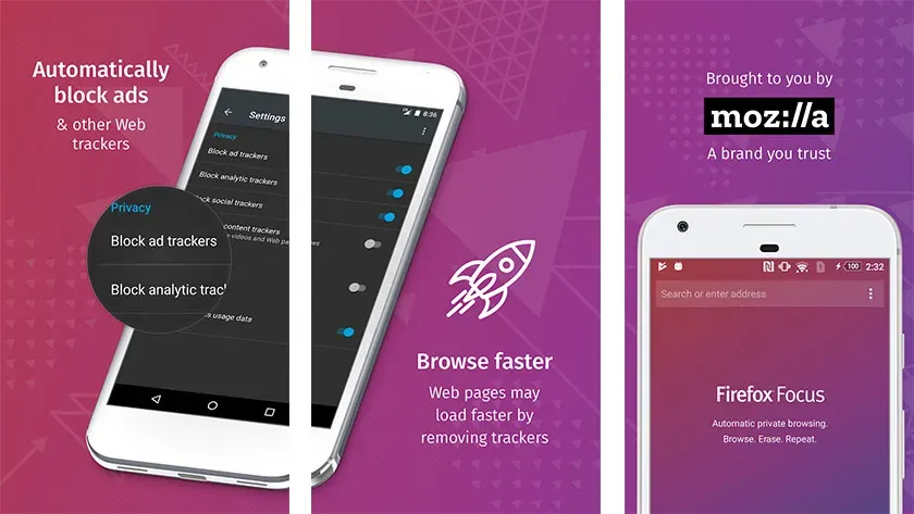 Firefox Focus promo screens: block ad and analytic trackers, browse faster, by Mozilla