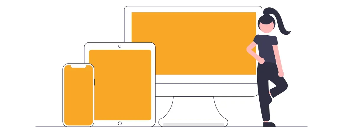 Woman leaning on a desktop monitor, tablet, and smartphone with blank orange screens
