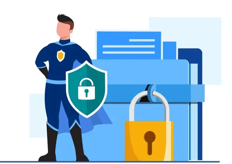 Superhero guarding files with a shield and padlock, symbolizing data protection