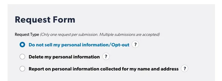 Data broker request form with options to opt out, delete, or report personal information