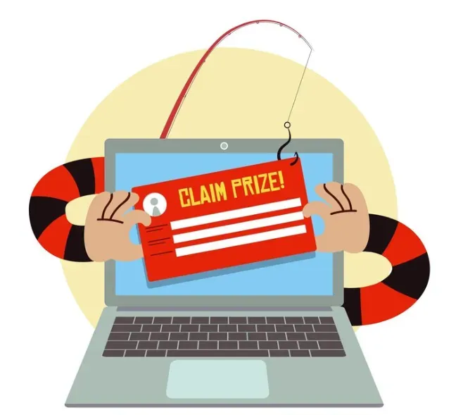 Fishing hook baiting a red "Claim Prize!" card over a laptop, illustrating a phishing scam