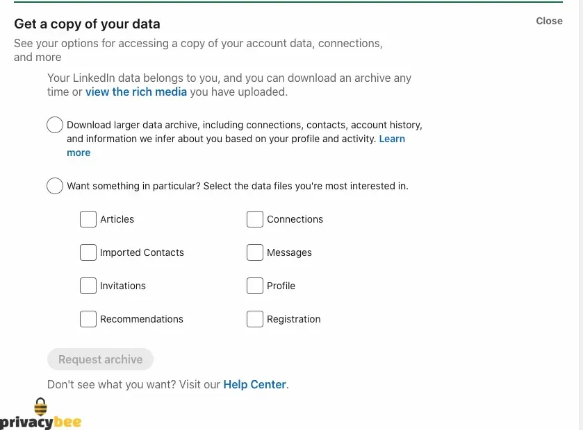 LinkedIn 'Get a copy of your data' screen with checkboxes to select data files before download