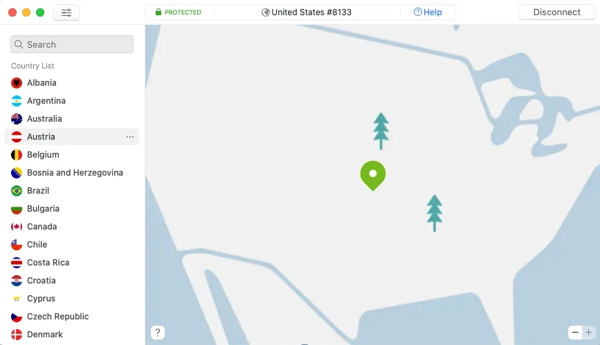 NordVPN app connected to United States server #8133 with a country list of VPN locations