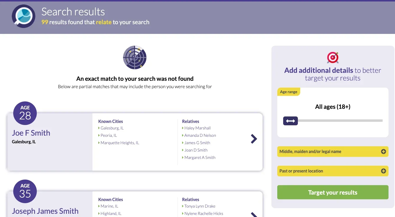 BeenVerified search results listing people by age, cities, and relatives, 99 results found