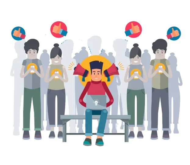 Person on a bench with a laptop surrounded by a crowd on phones with megaphone and thumbs-up icons