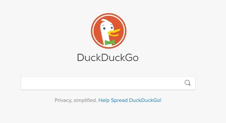 DuckDuckGo search page with logo, search bar, and 'Privacy, simplified' tagline