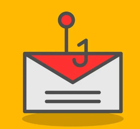 Envelope pierced by a fishing hook, representing email phishing scams