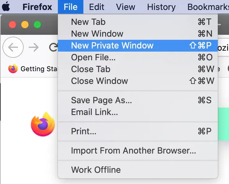 Firefox File menu on Mac with New Private Window highlighted