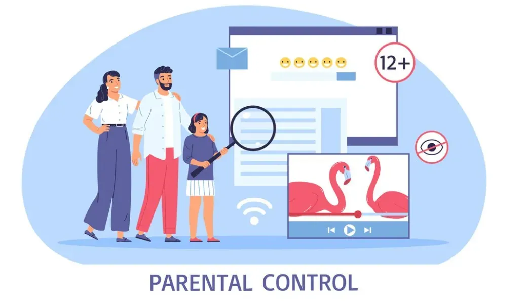 Parental control illustration of a family reviewing a 12+ rated video with a magnifying glass