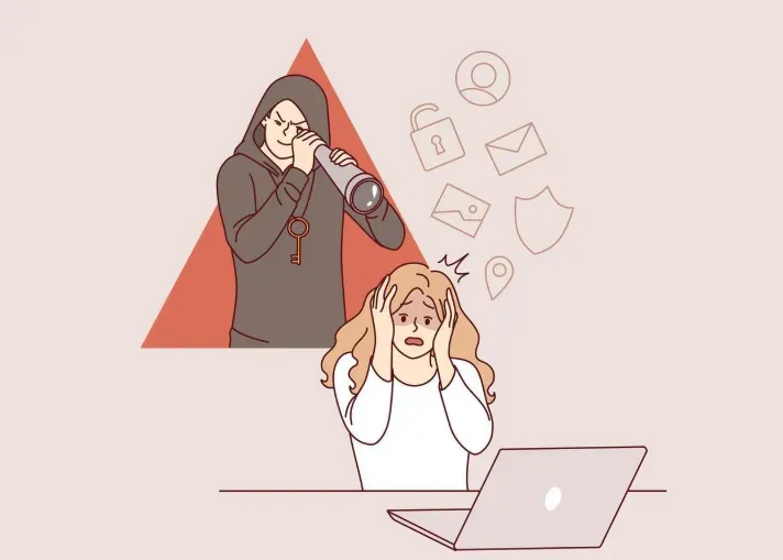 Illustration of a hooded spy with a telescope watching a frightened woman at a laptop, data icons floating