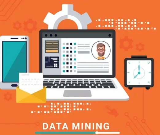 Data mining illustration with a laptop showing a user profile beside a phone, email, and clock