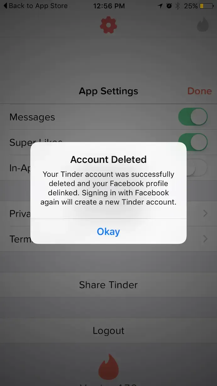Tinder App Settings screen showing an "Account Deleted" confirmation pop-up