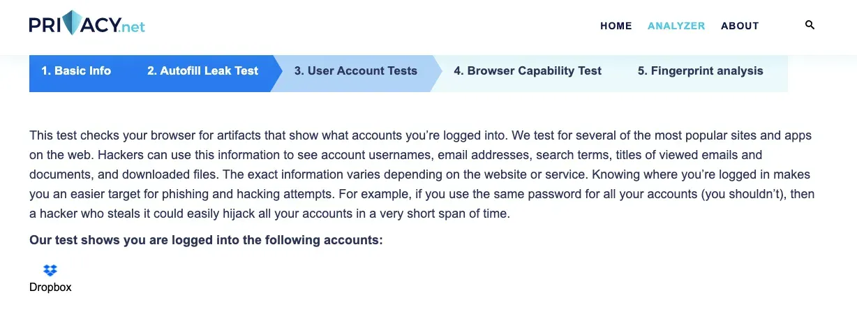 Privacy.net Autofill Leak Test showing the browser is logged into a Dropbox account
