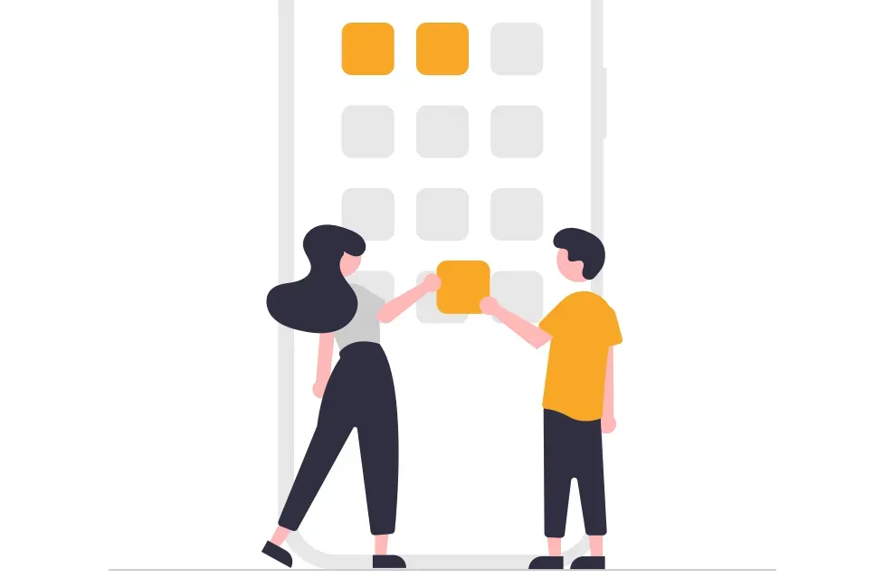 Illustration of two people arranging app tiles on a giant smartphone screen