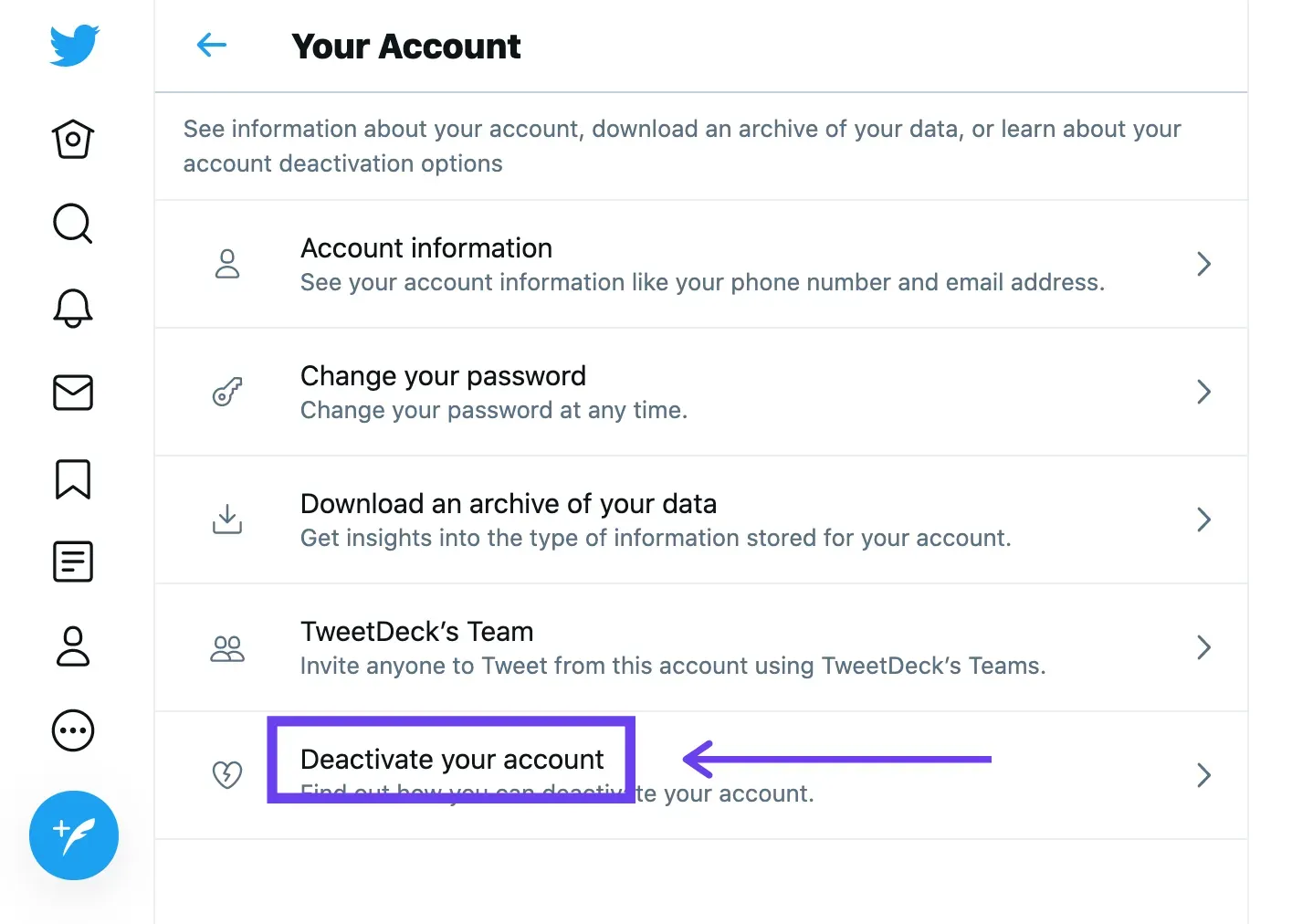 Twitter Your Account settings with Deactivate your account highlighted