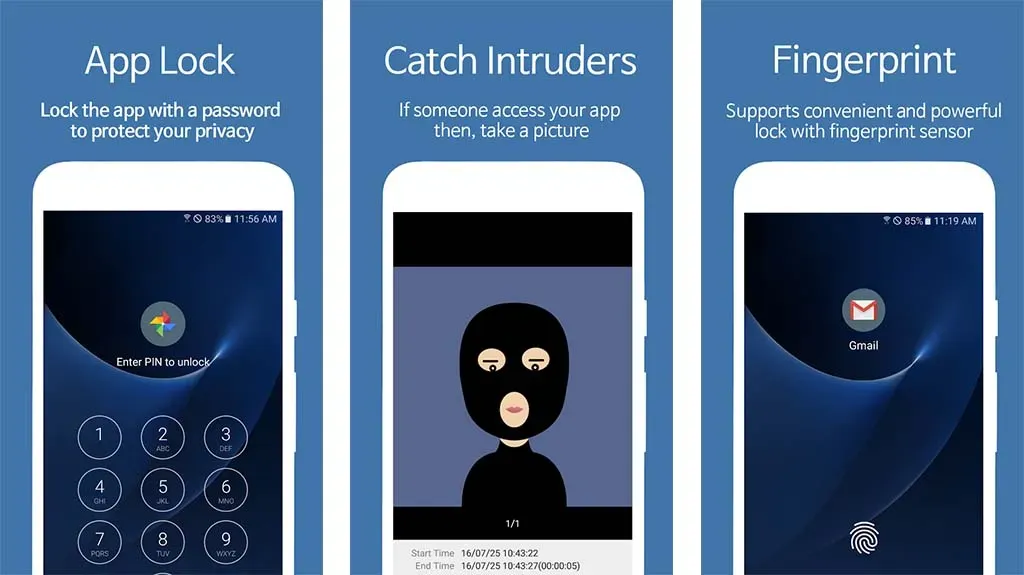 Applock by SpSoft screens showing PIN lock, intruder photo capture, and fingerprint unlock