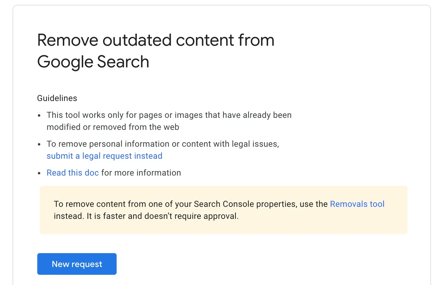 Google Remove Outdated Content tool showing guidelines and a New request button