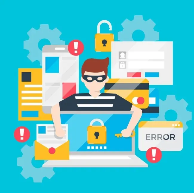 Two masked hackers with phones surrounded by malware, email, and trojan icons under a "Hackers" banner