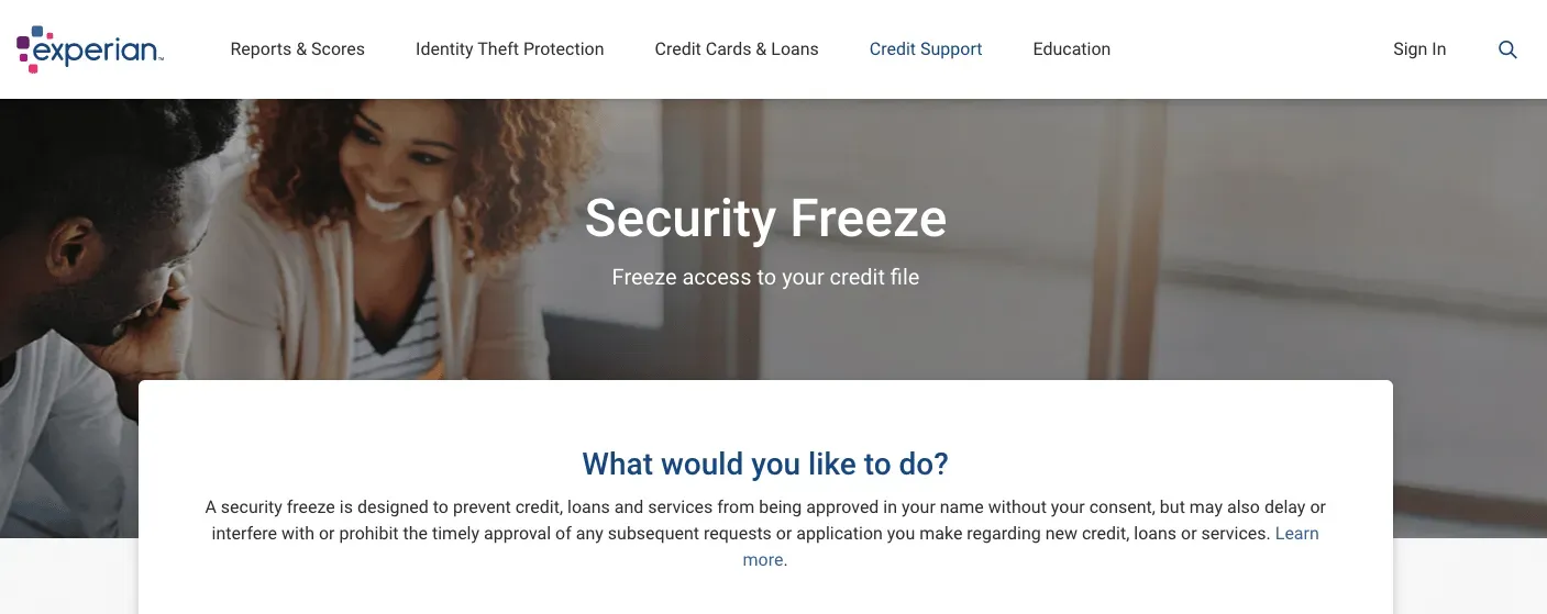 Experian Security Freeze page for restricting access to your credit file