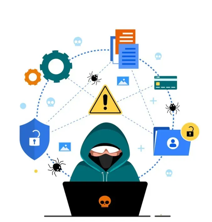 Hooded hacker at a laptop surrounded by stolen data icons, warning signs, and malware bugs
