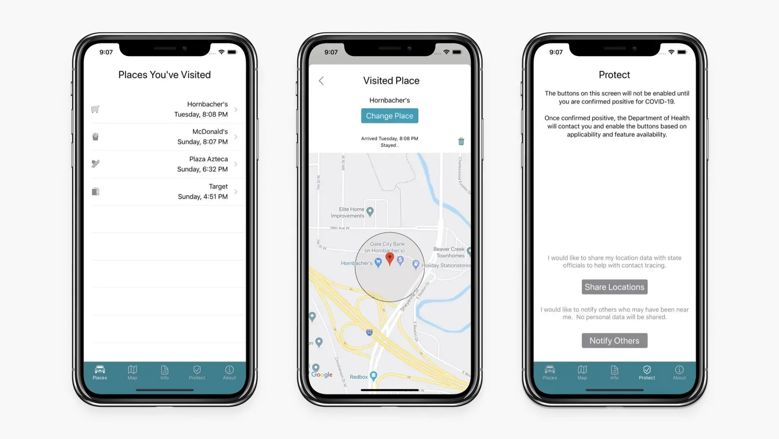 Phone screens listing visited places on a map with COVID-19 contact tracing share and notify options
