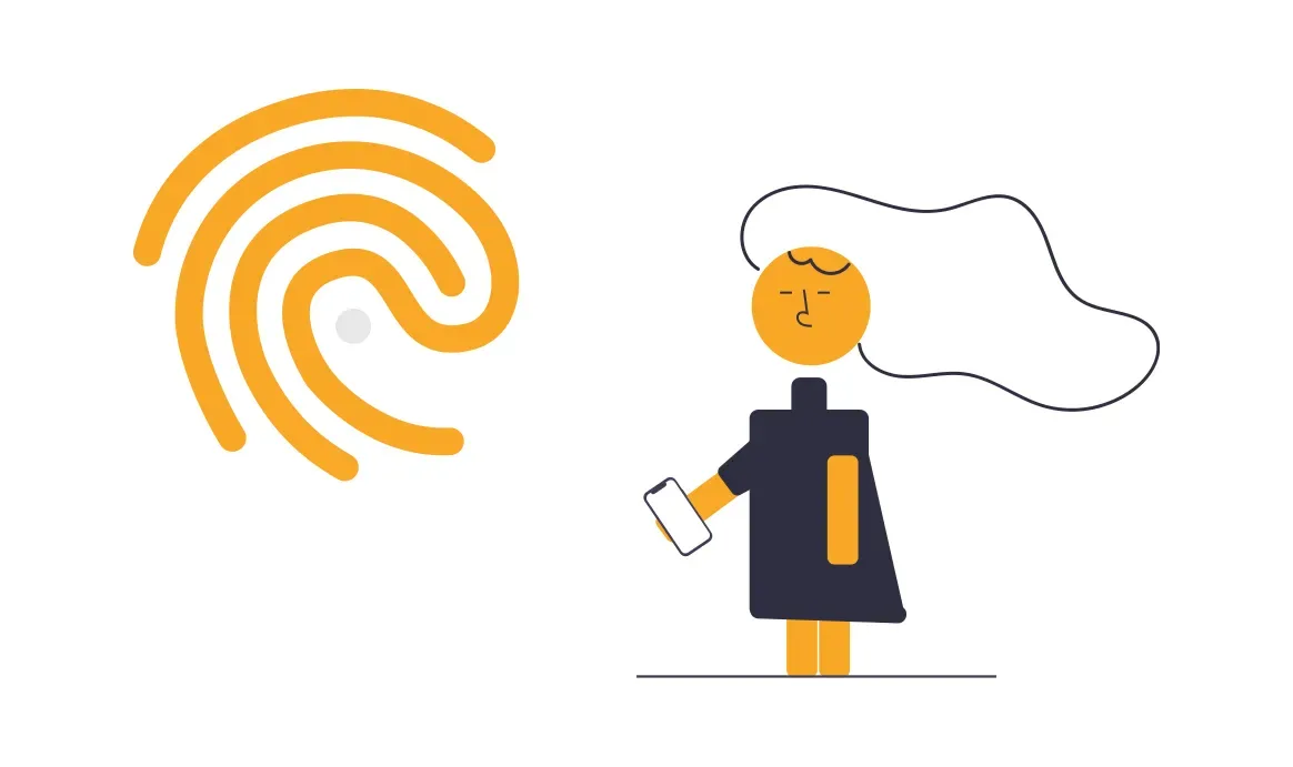 Illustration of a woman holding a smartphone beside a large fingerprint symbol