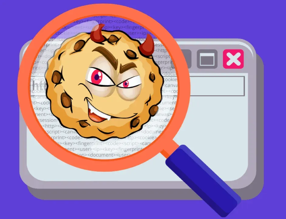 Magnifying glass over a sinister grinning browser cookie against a backdrop of tracking code