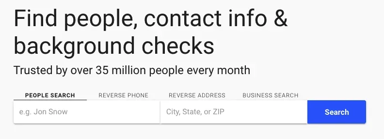 Whitepages search page titled 'Find people, contact info & background checks' with name and location fields