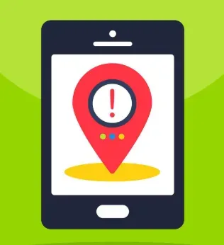Smartphone screen showing a red location pin with a warning exclamation mark