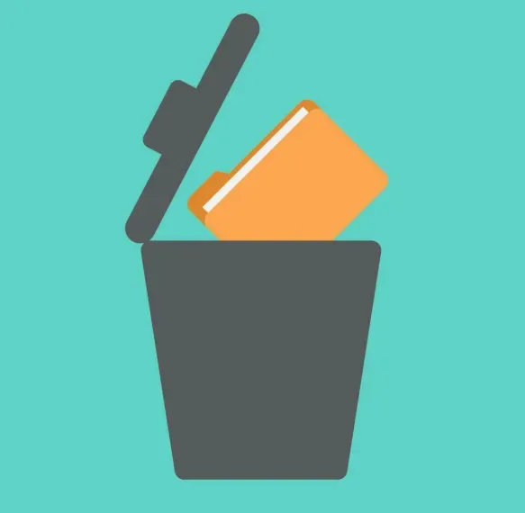 Orange file folder being tossed into an open trash bin, symbolizing deleting old online accounts