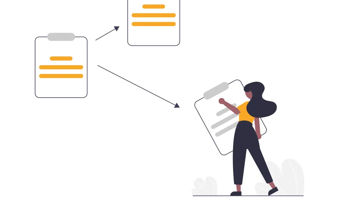 Illustration of a woman carrying a large document as personal records are copied between clipboards