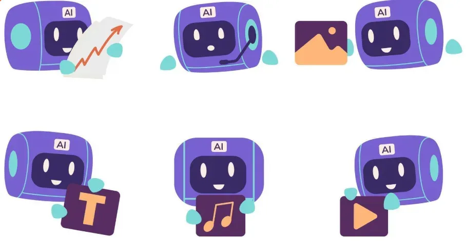 Set of AI chatbot mascots handling a rising chart, support call, image, text, music, and video