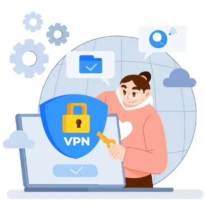 Person holding a key beside a laptop with a blue VPN shield and padlock icon