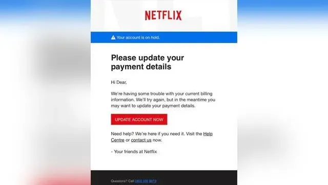Fake Netflix email claiming your account is on hold and urging you to update payment details