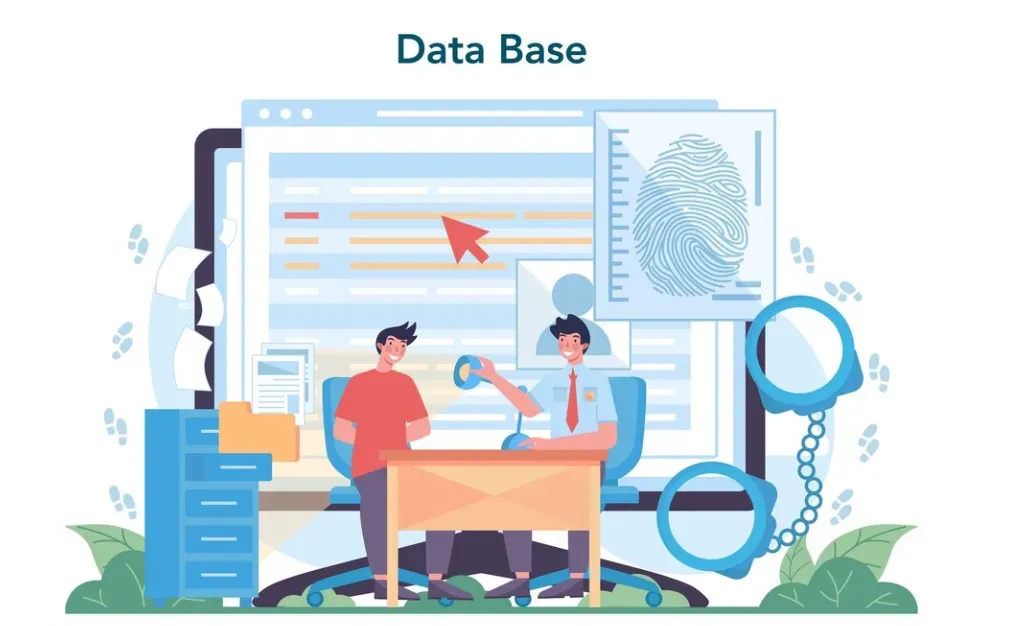 Data Base illustration of two people at a desk with a fingerprint scan, handcuffs, and magnifying glass