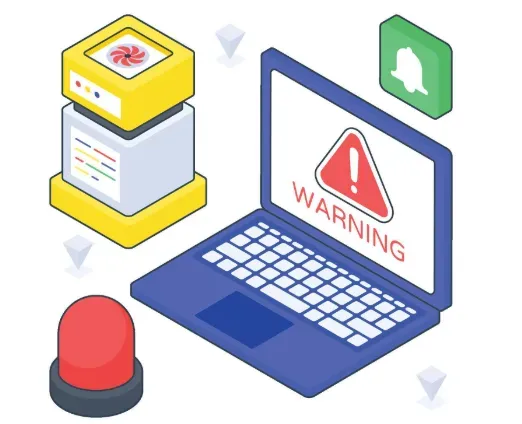 Laptop displaying a red warning triangle beside an alarm light and server