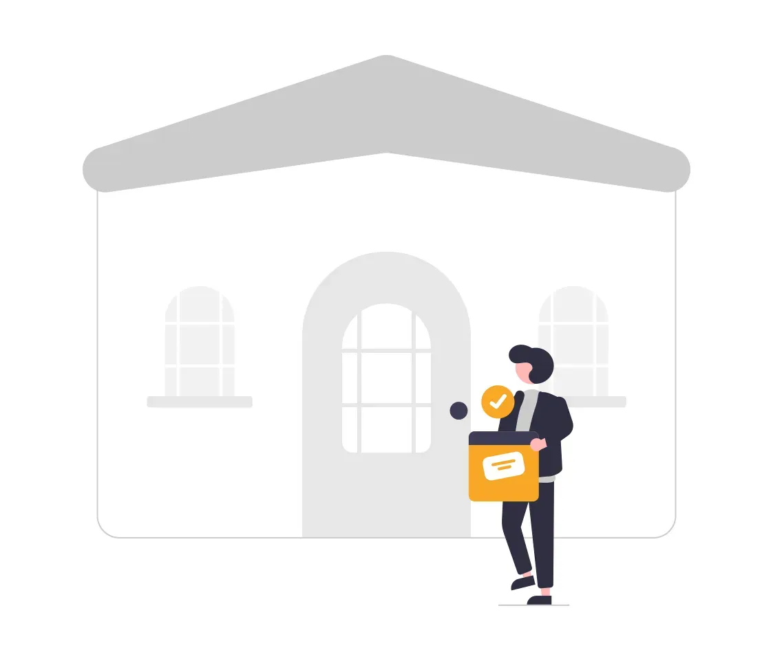 Illustration of a person delivering a package with a checkmark to a home