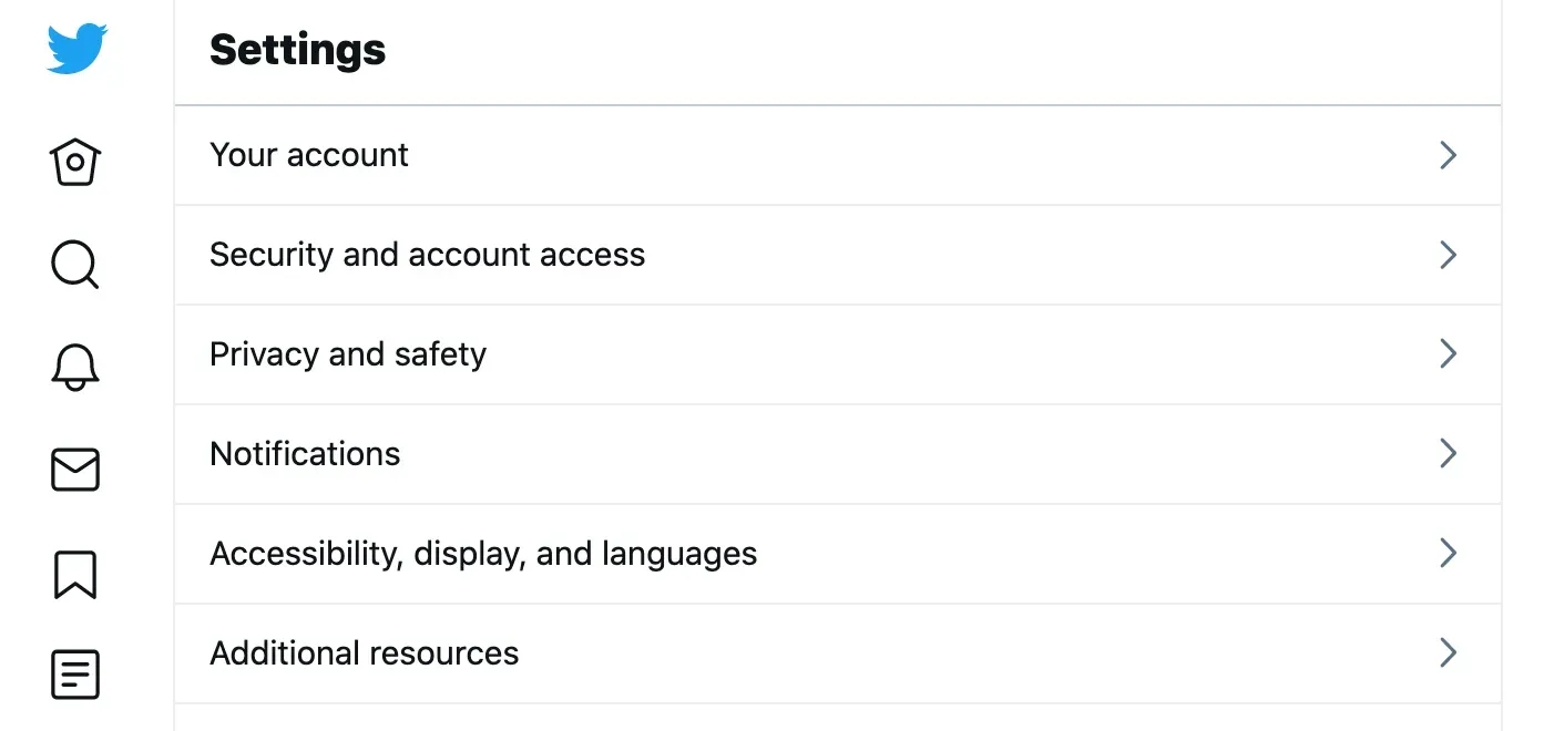 Twitter Settings menu listing Your account, Security, and Privacy and safety options