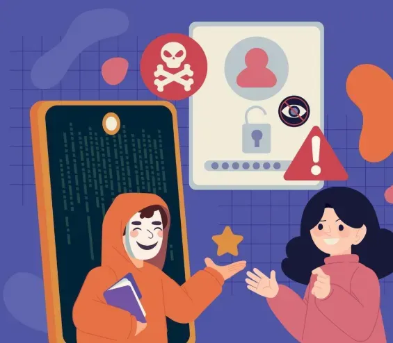 Masked hacker in a phone luring a woman past skull, warning, and unlocked-padlock icons