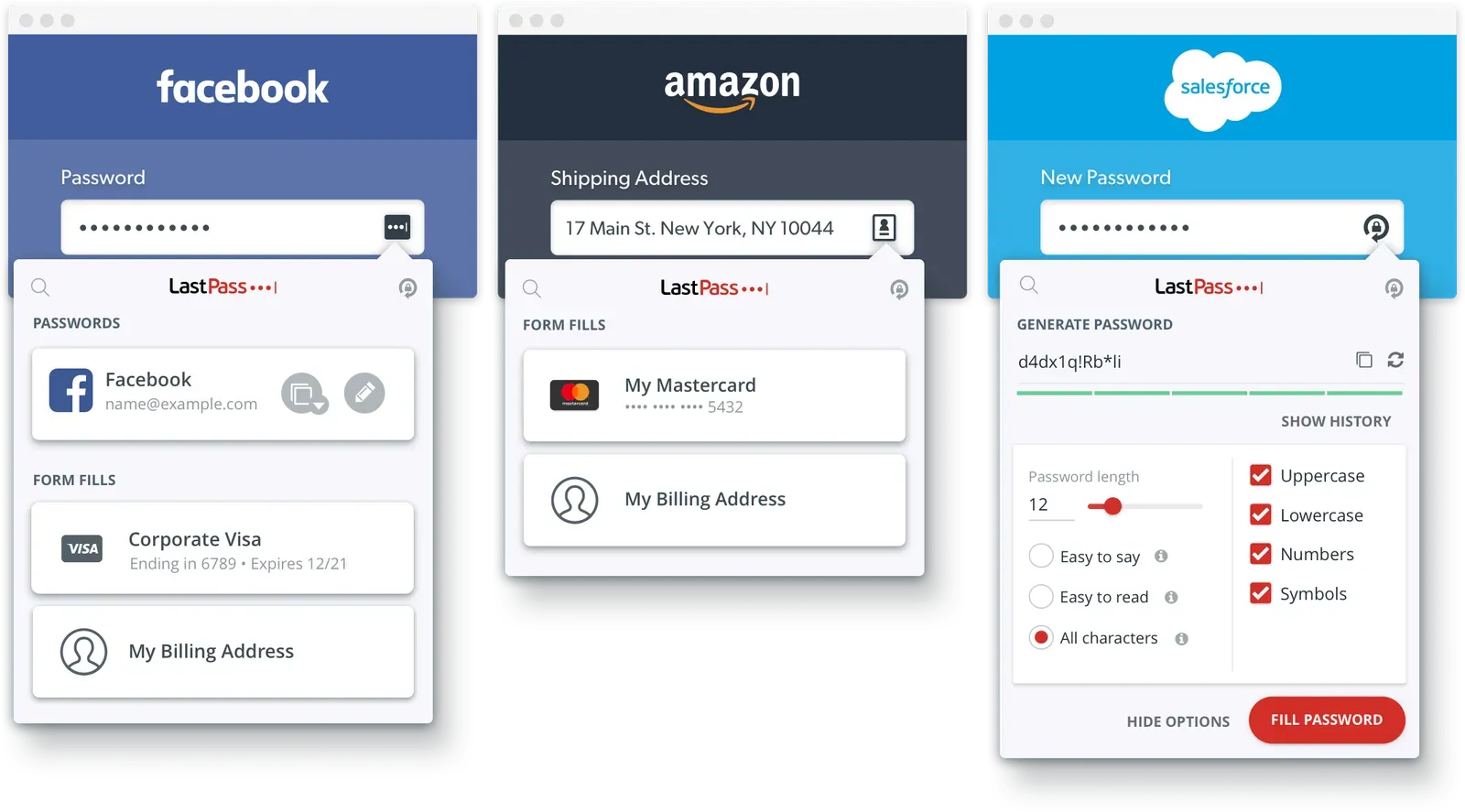 LastPass autofilling saved passwords and generating a new one across Facebook, Amazon and Salesforce