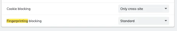 Browser settings showing Fingerprinting blocking set to Standard and cookie blocking cross-site