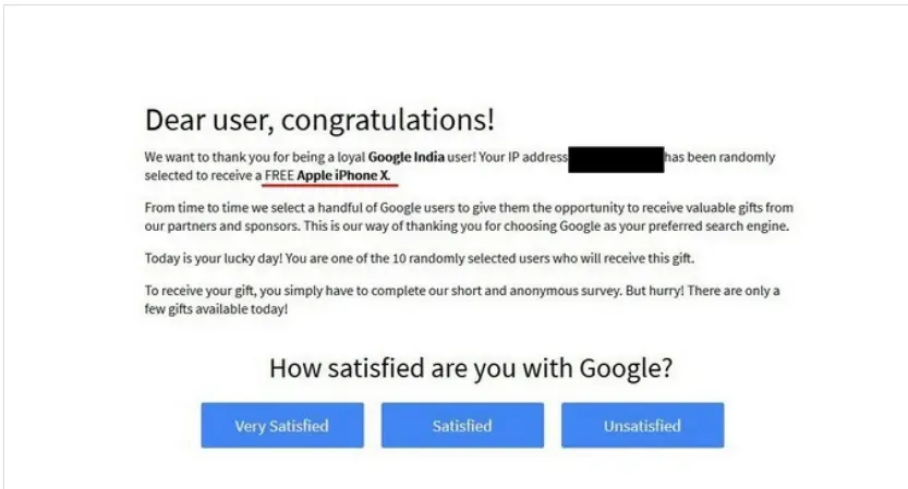 Fake Google prize page offering a free iPhone X in exchange for completing a survey