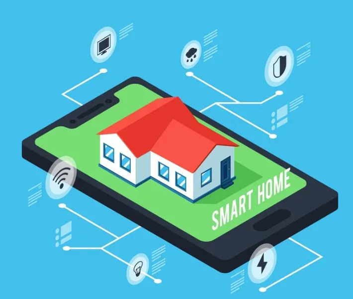 Isometric smart home on a phone connected to icons for TV, weather, lighting, and security
