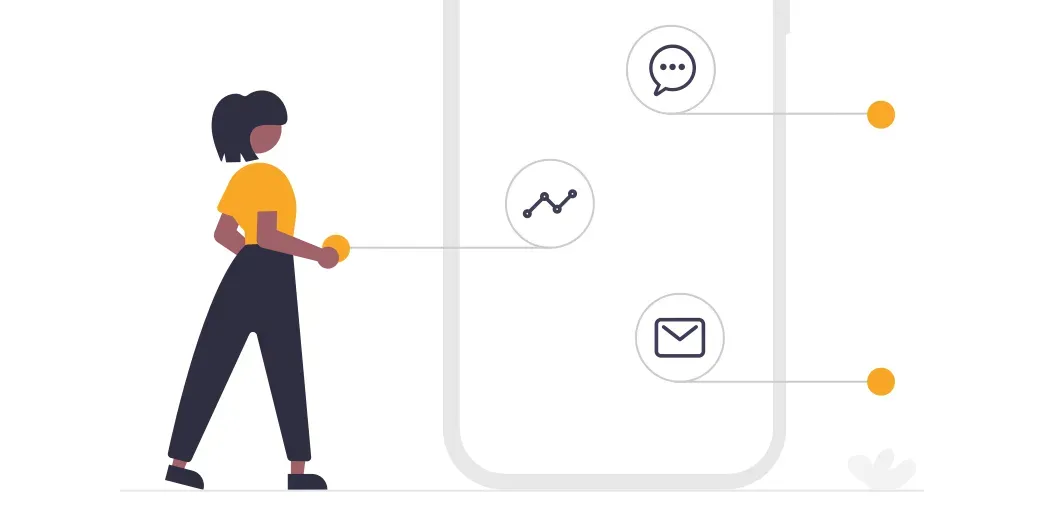 Illustration of a woman beside a phone with chat, analytics, and email privacy icons