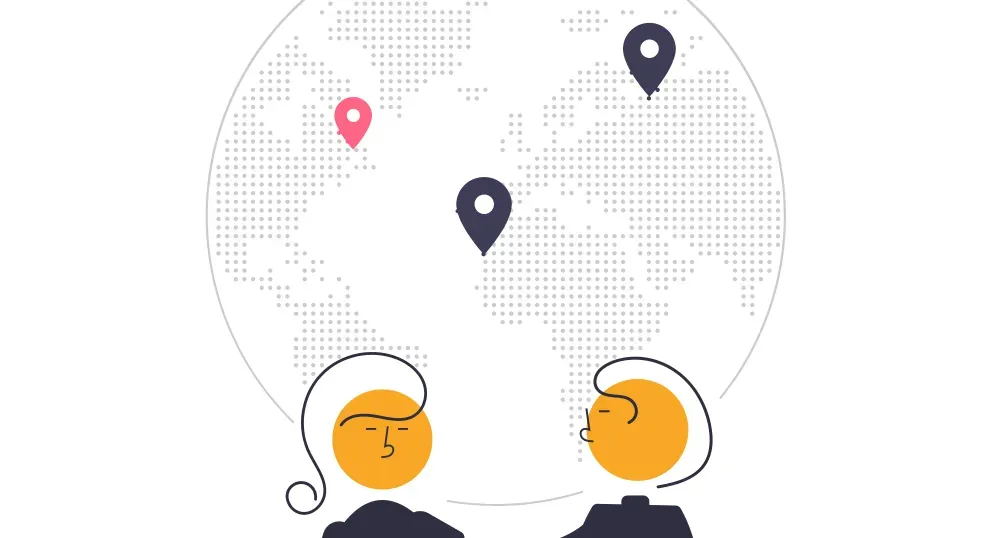 Illustration of two people below a dotted world map marked with location pins